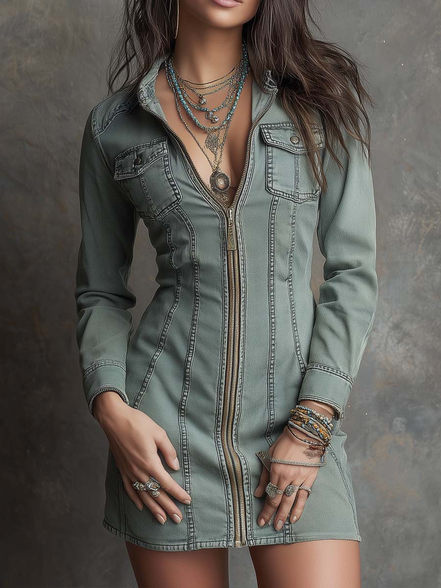 Retro Zip-up Flap Pocket Denim Mini Dress