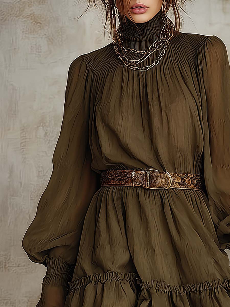 Retro Ruffle Hem High Neck Chiffon Mini Dress