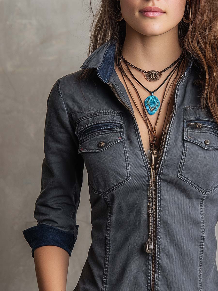 Vintage Washed Zip-up Long-sleeved Denim Shirt