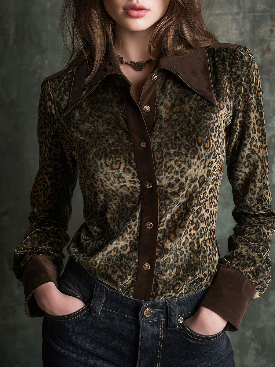 Retro Contrast Collar And Cuffs Velvet Leopard Print Blouse