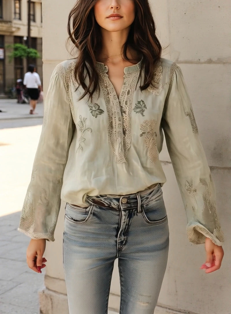 Vintage Green Cotton and Linen Embroidered Henley Collar Shirt