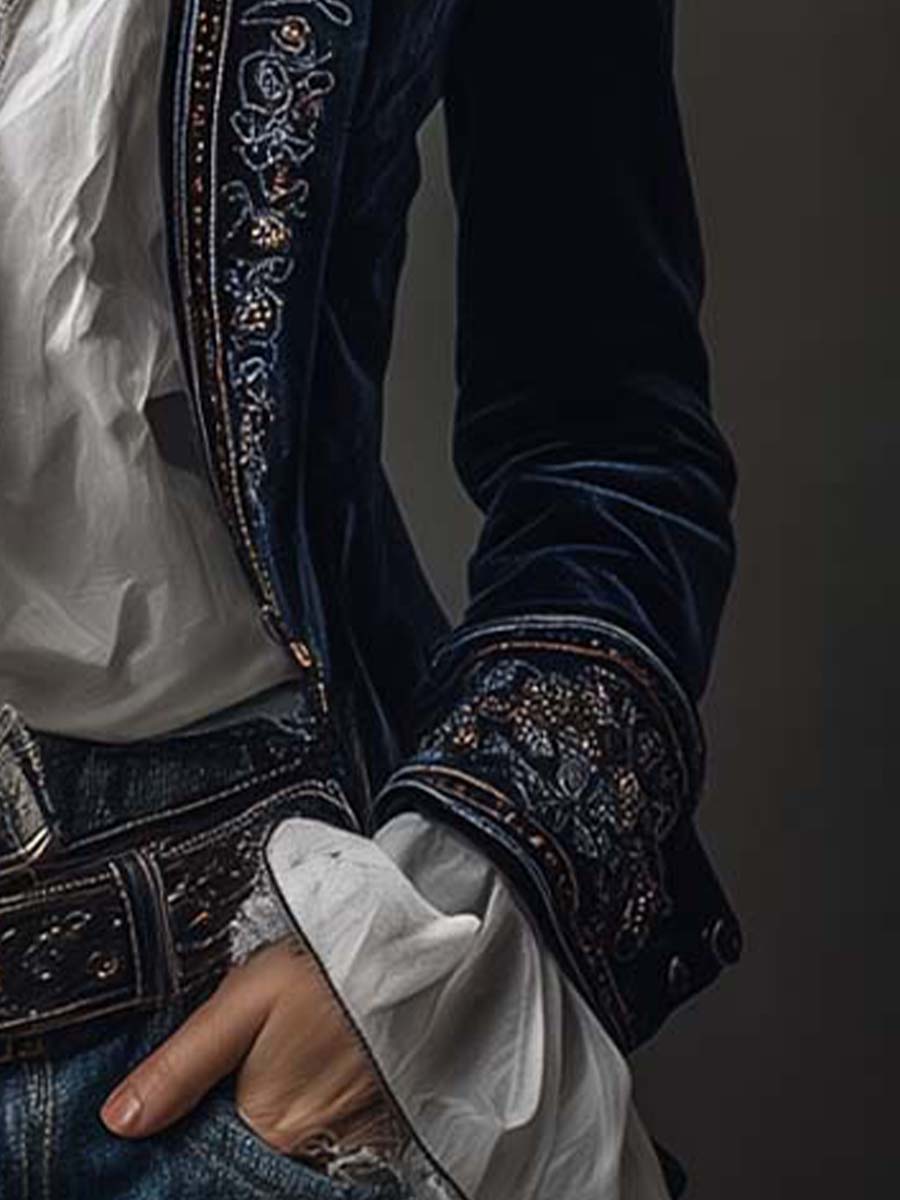 Vintage Navy Polyester Velvet Embroidered Long Jacket