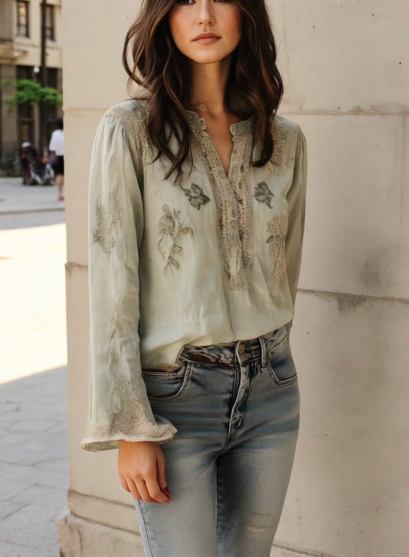 Vintage Green Cotton and Linen Embroidered Henley Collar Shirt