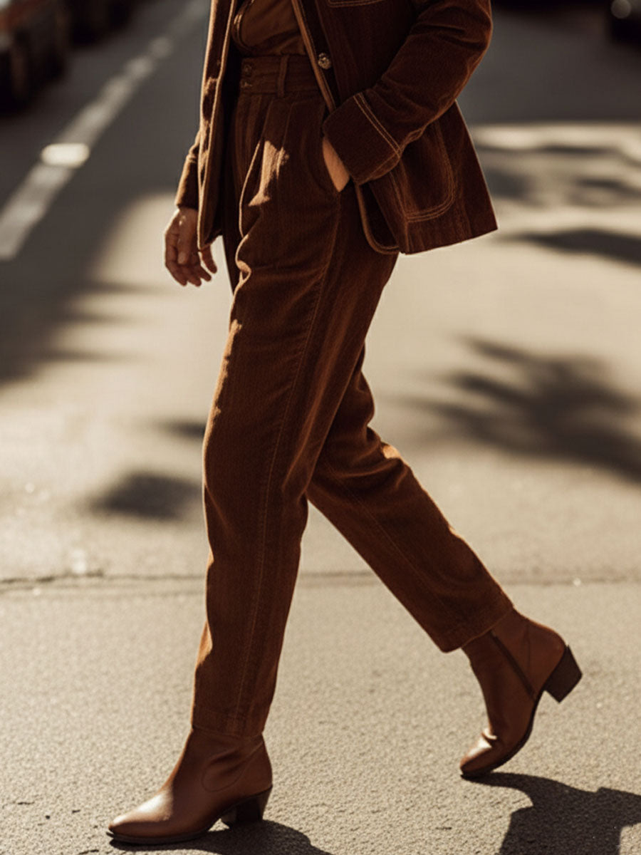 Vintage Brown Corduroy High-Waist Straight-Leg Trousers