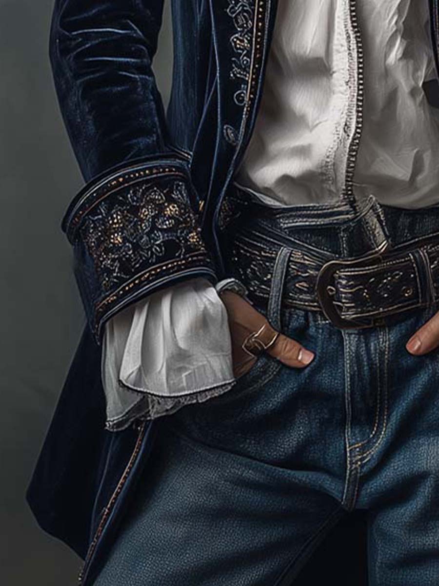 Vintage Navy Polyester Velvet Embroidered Long Jacket