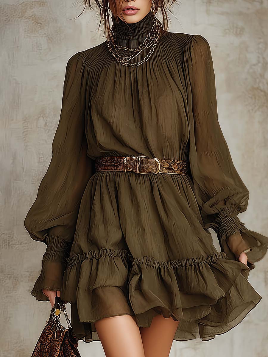 Retro Ruffle Hem High Neck Chiffon Mini Dress