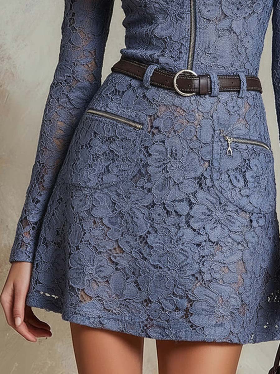 Vintage Zipper Floral Lace Mini Dress