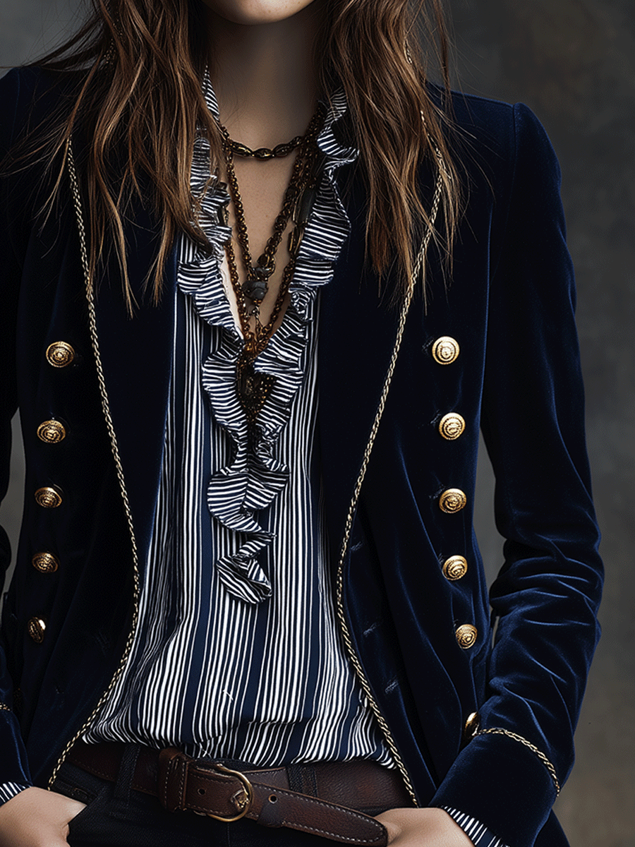 Exquisite And Elegant Navy Blue Velvet Double-Breasted Blazer