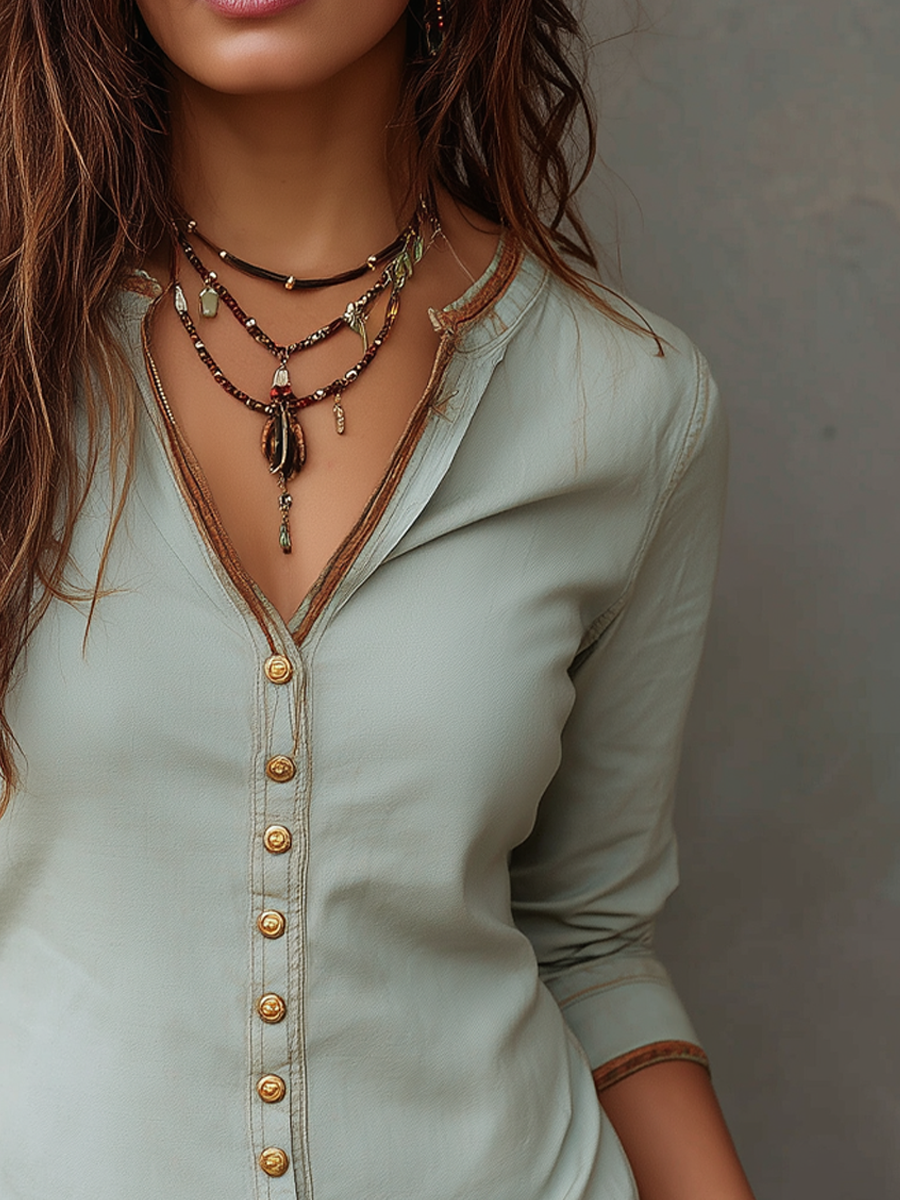 Vintage Washed Henley Collar Denim Blouse