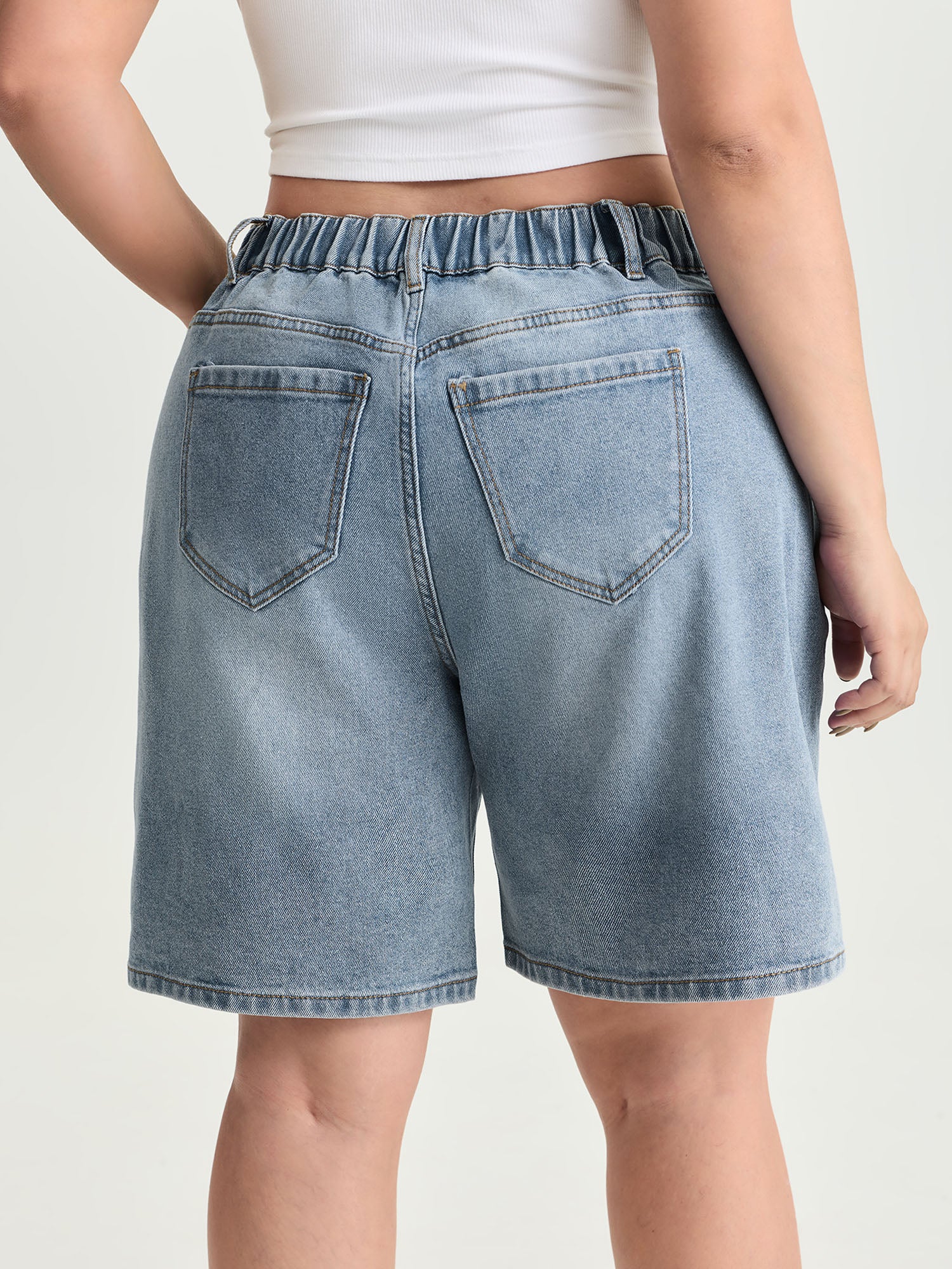 Stretchy Waist Faded Bermuda Denim Shorts