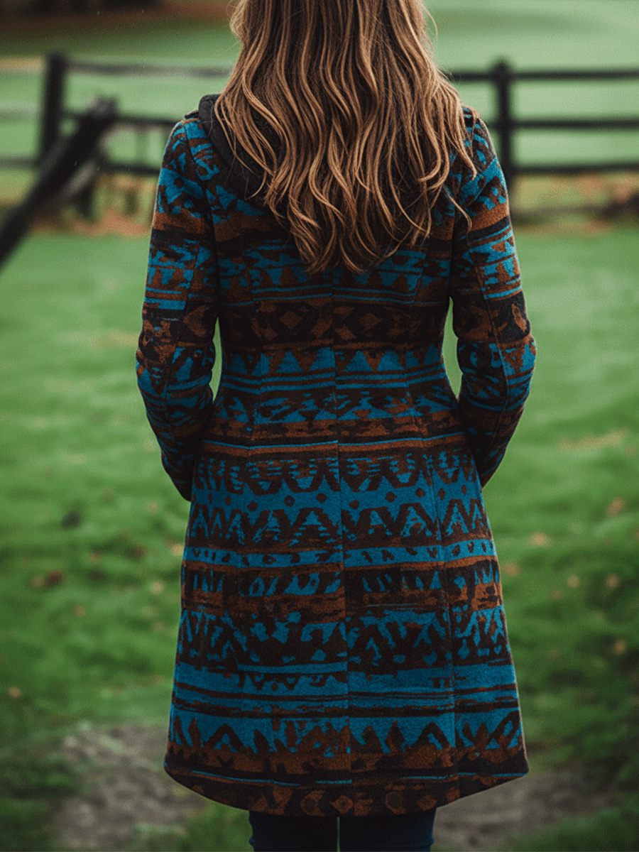 Retro Boho Longline Tribal Print Wool Long  Coat