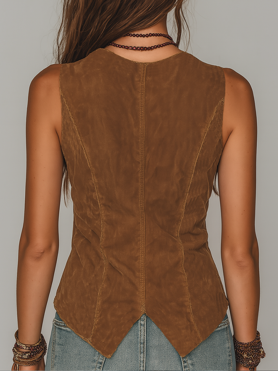 Vintage Lace Trim Distressed Faux Suede Vest