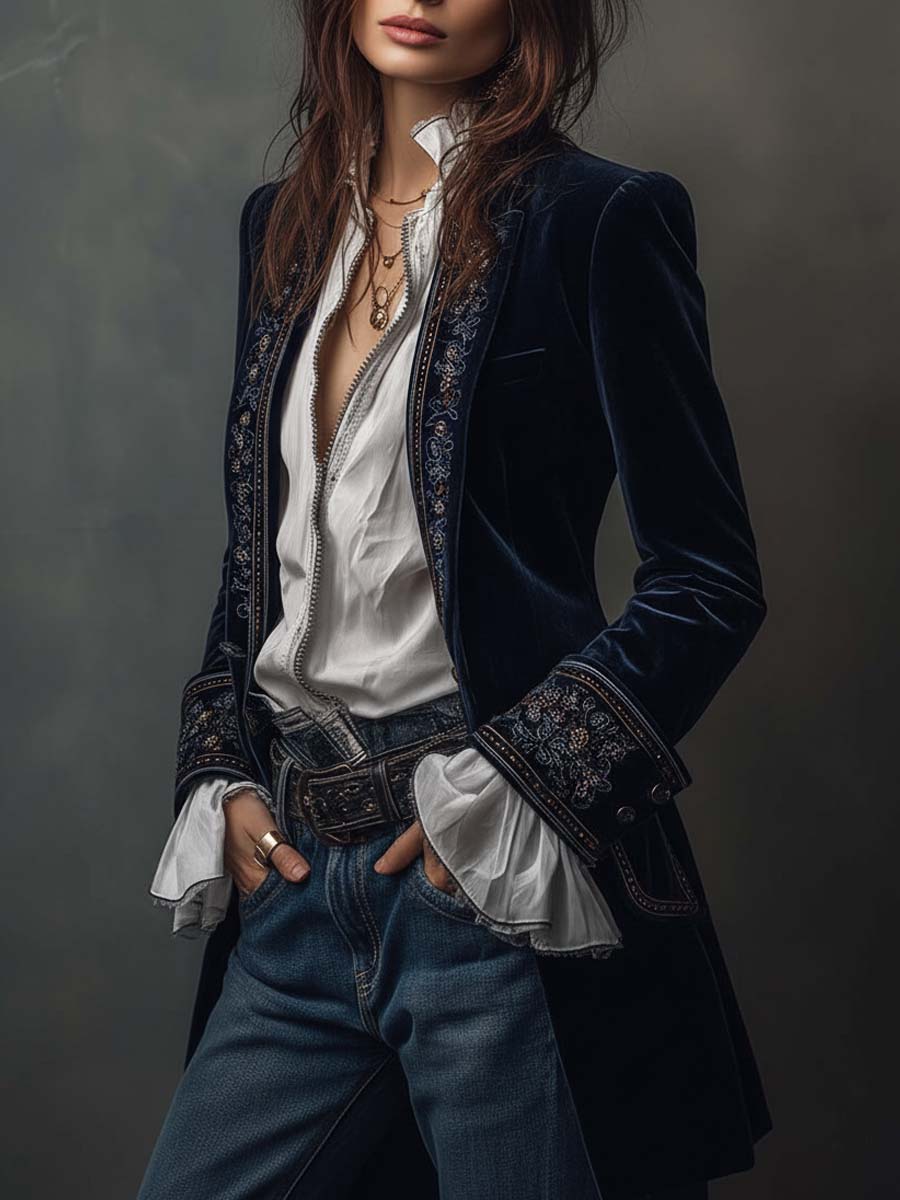 Vintage Navy Polyester Velvet Embroidered Long Jacket