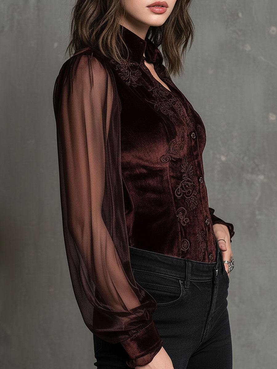 Vintage Velvet Embroidered Blouse With Sheer Sleeves