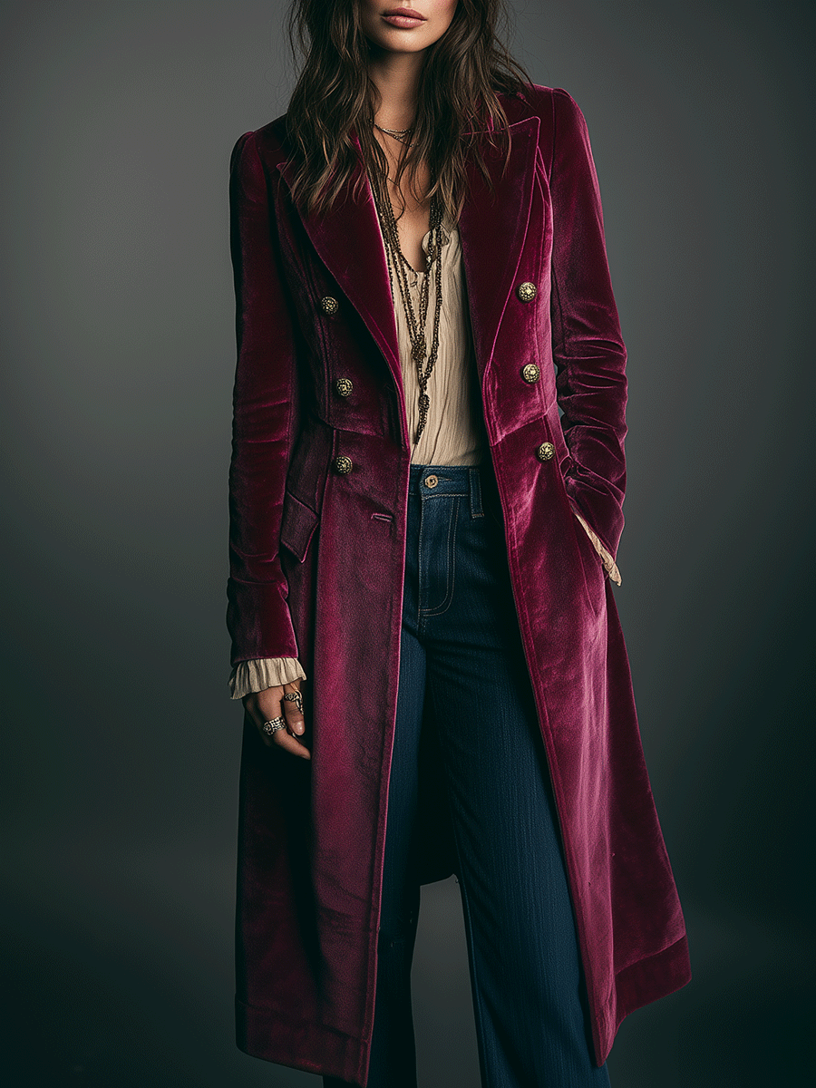 Vintage Double-Breasted Burgundy Velvet Coat