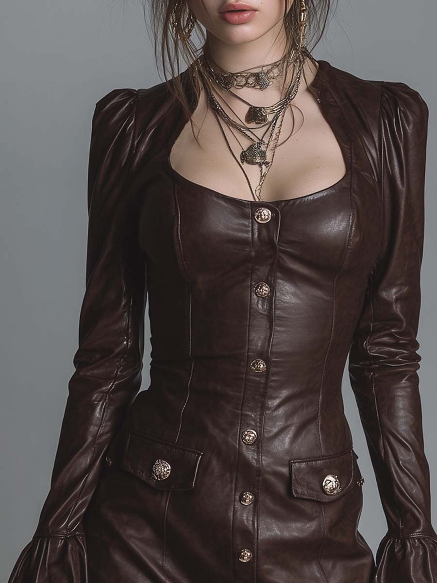 Vintage Button Lace Hem Faux Leather Mini Dress