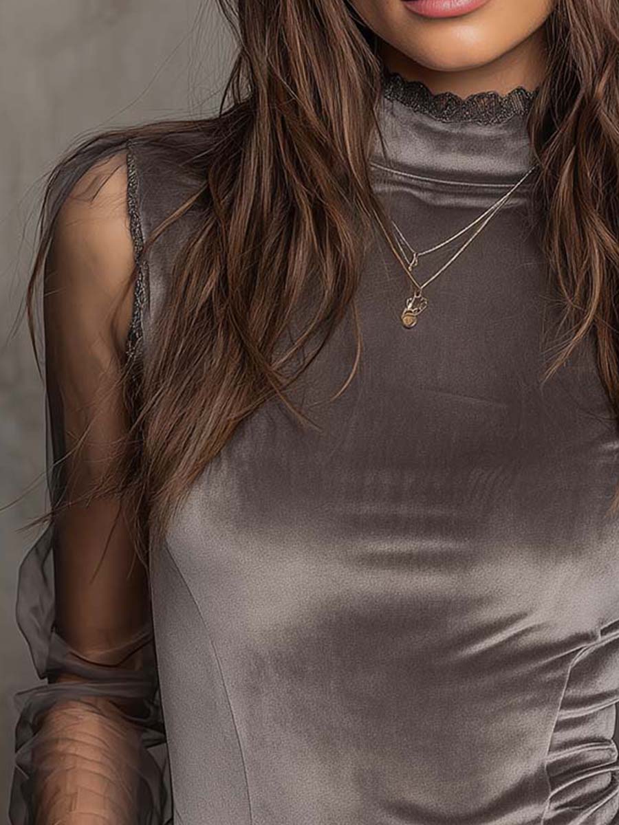 Velvet Mesh Panel High-Neck Top – Graphite Grey