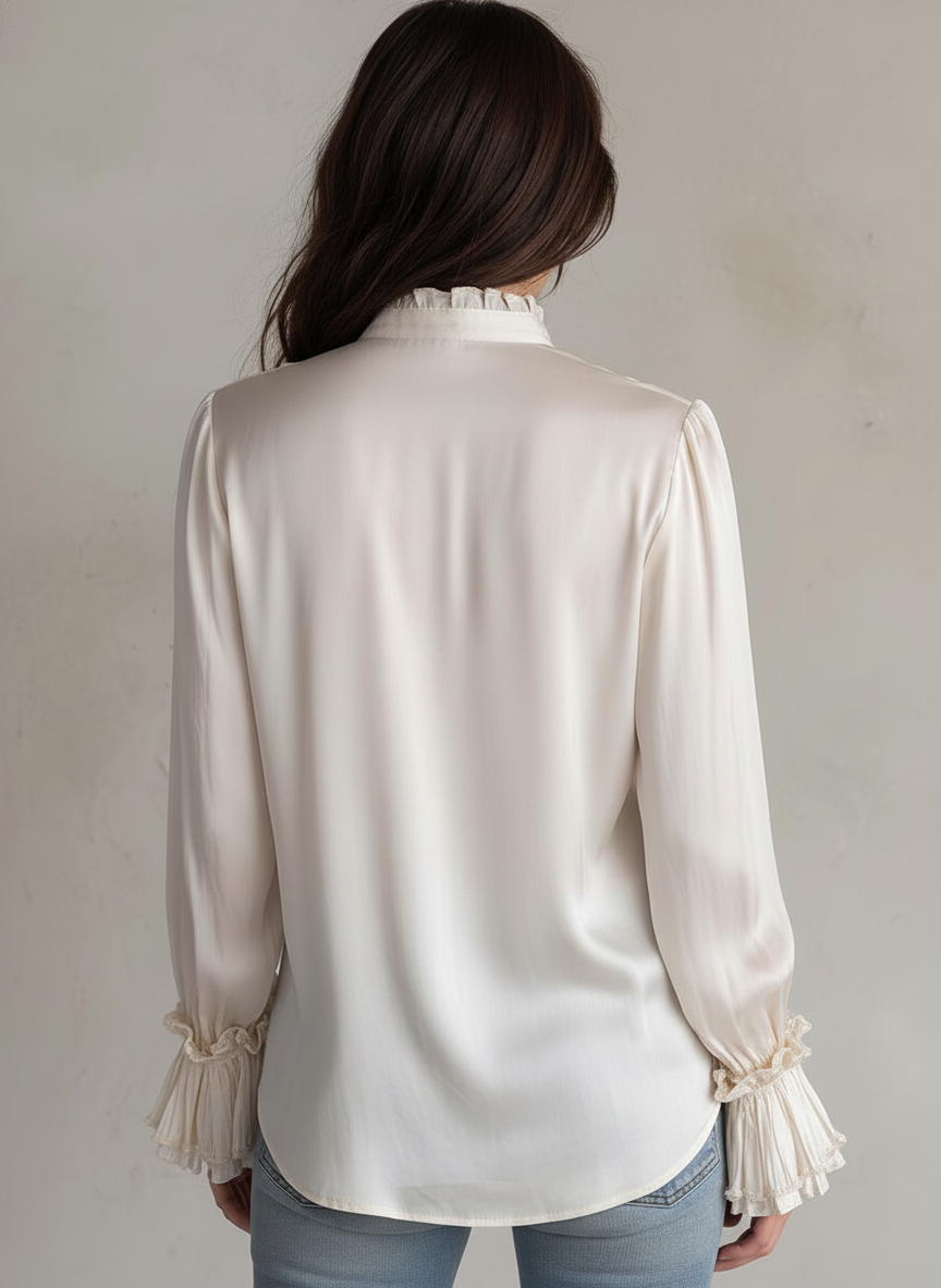 Retro-style Ruffled Placket Polyester Satin Long-sleeved Blouse
