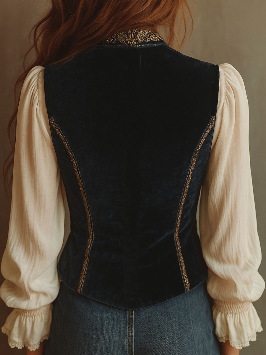 Vintage Baroque Navy Blue Velvet Embroidered Vest