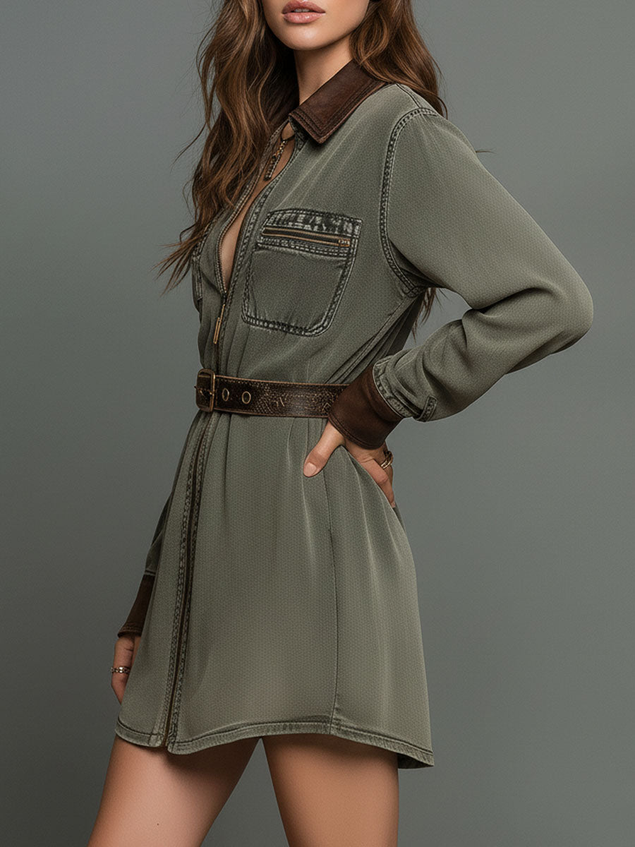 Olive Green Washed Utility Shirt Dress With Contrast Details