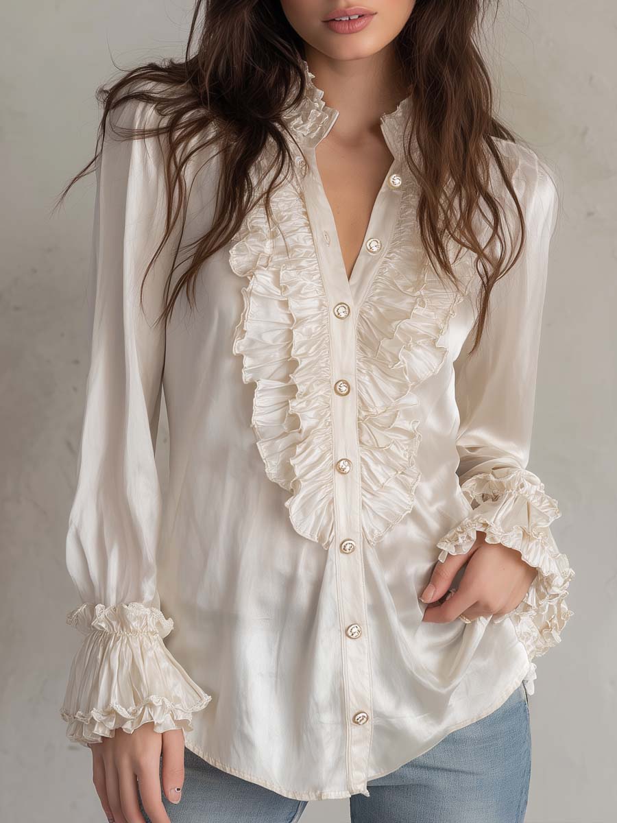 Retro-style Ruffled Placket Polyester Satin Long-sleeved Blouse