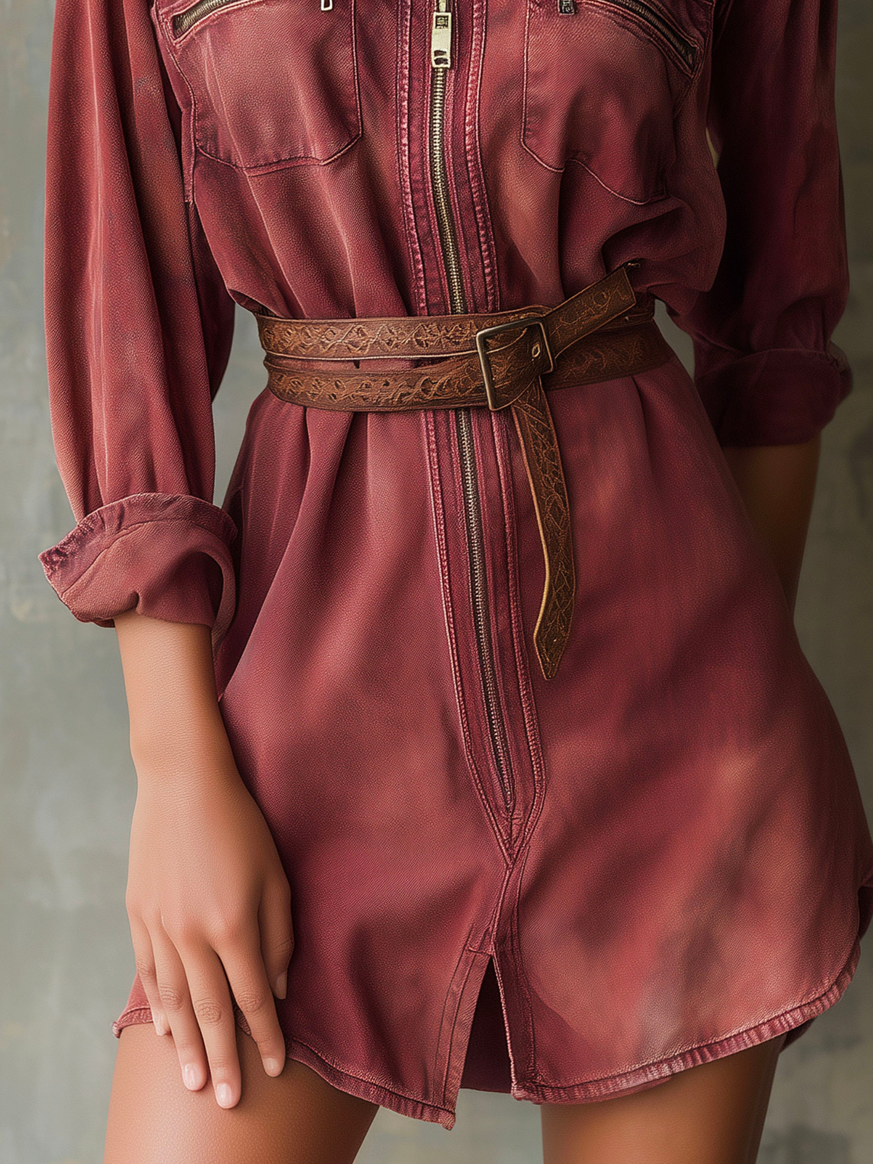 Vintage Burgundy Washed Denim Shirt Dress